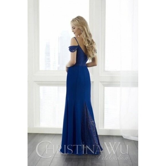 Christina Wu Bridesmaid Mother of Bride Dress 22801 Navy Blue Lace Chiffon Sz 12 - Picture 1 of 12